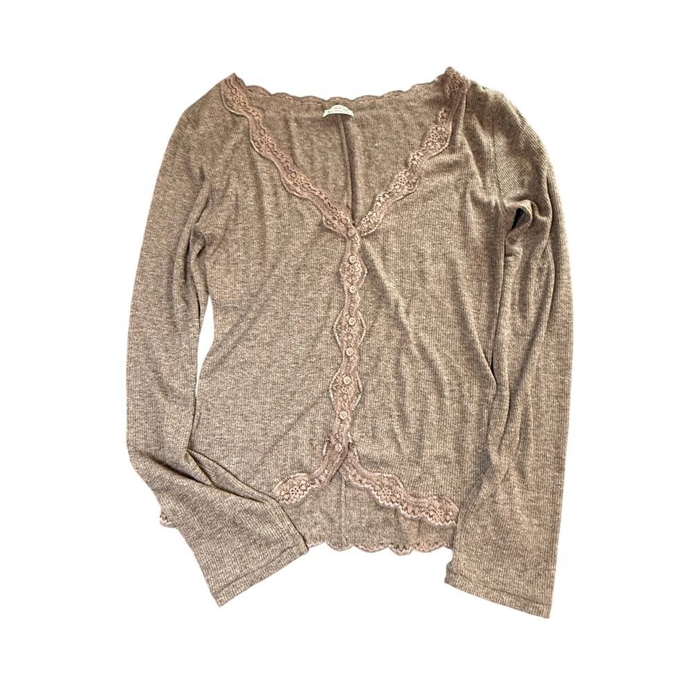 Intimately Free People Cardigan Women Small Brown Lace Trim Ribbed Knit Top